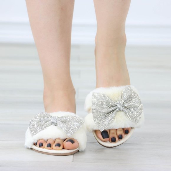 Beige Plush Glitter Bow Tie Fuzzy Flat Sandals Sliders - Picture 11 of 15